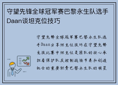 守望先锋全球冠军赛巴黎永生队选手Daan谈坦克位技巧