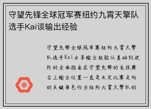 守望先锋全球冠军赛纽约九霄天擎队选手Kai谈输出经验